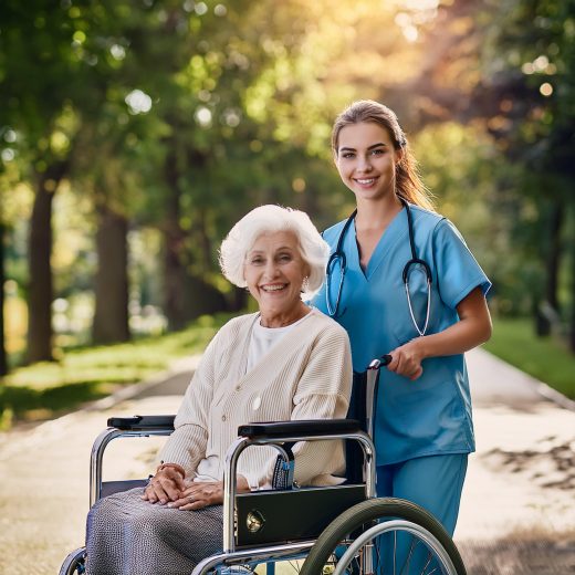 Firefly Eine Pflegemitarbeiterin, schaut zum Betrachter, mit älterer Patentin im Rollstuhl, Spazierg (1)